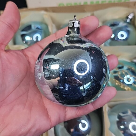 Poland Santa Land 1950s 1960s 12pcs Christmas Ornaments Blue Glass With BOX READ - Picture 3 of 16